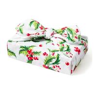 WRAPAHOLIC 26" Reusable Christmas Gift Wrap - 1 Piece Berry and Holly Natural Cotton Reusable Fabric Gift Wrap Christmas Furoshiki Wrapping Cloth for Holiday Parties, Housewarming Gifts