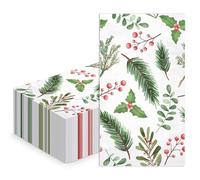 WRAPAHOLIC 50Pcs Christmas Paper Napkins - 3 Ply Pine Needle and Berry Guest Disposable Hand Towels for Bathroom, Christmas, Holiday, Party Celebration - 4.3 x 7.9 In