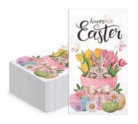 WRAPAHOLIC 50Pcs Easter Paper Napkins - 3-Ply Tulip Floral Bunny Guest Disposable Hand Towels for Bathroom, Spring, Birthday and Baby Shower - 4.3 x 7.9 In