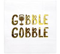 WRAPAHOLIC 50Pcs Thanksgiving Cocktail Napkins - 3-Ply Gold Foil Gobble Disposable Paper Napkins for Thanksgiving, Autumn Party Supplies Tableware - 5 x 5 In