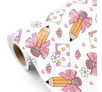 WRAPAHOLIC Back to School Wrapping Paper Roll - Mini Roll - 17 Inch x 16.5 Feet - Cute Bow Pencil and Bookish School Wrapping Paper, Perfect for Girls Kids, Students, Teacher Appreciation, First Day