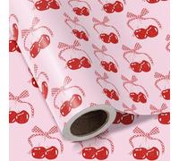WRAPAHOLIC Cherry Bow Wrapping Paper Roll - Mini Roll - 17 Inch x 16.5 Feet - Coquette Cherry Bow Tie Ribbon Wrapping Paper Perfect for Girl Birthday, Valentine's Day, Bachelorette