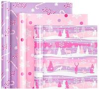 WRAPAHOLIC Christmas Wrapping Paper Roll - Mini Roll - 3 Rolls - 17 Inch X 120 Inch Per Roll - Pastel Pink and Purple Reindeer, Candy Cane with JOY, Snowflake Holiday Collection