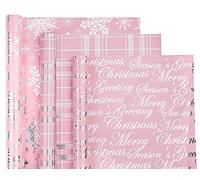 WRAPAHOLIC Christmas Wrapping Paper Roll - Mini Roll - 3 Rolls - 17 Inch X 120 Inch Per Roll - Pink with Silver Metallic Foil Snowflake, Plaid, Merry Christmas Lettering