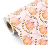WRAPAHOLIC Halloween Wrapping Paper Roll - Mini Roll - 17 Inch x 16.5 Feet - Pumpkin and Pink Coquette Ribbon Bow Wrapping Paper for Halloween Decorations, Kids Girls Birthday