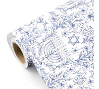WRAPAHOLIC Hanukkah Wrapping Paper - Mini Roll - 17 Inch x 16.5 Feet - Blue Chanukah Wrapping Paper with Floral Menorah, Dreidel, and Star of David Design for Hanukkah, Chanukah, Holiday