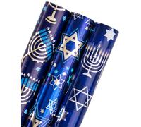 WRAPAHOLIC Hanukkah Wrapping Paper Roll - Mini Roll - 3 Rolls - 17 Inch x 120 Inch Per Roll - Blue Menorah Lightsa and the Star of David Design with Metallic Foil Shine