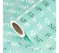 WRAPAHOLIC Happy Anniversary Wrapping Paper Roll - Mini Roll - 17 Inch x 16.5 Feet - Mint and Silver Foil Happy Anniversary Lettering Design Perfect for Celebration, Party