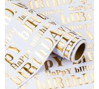 WRAPAHOLIC Jumbo 3D Kraft Birthday Wrapping Paper Roll - 30 Inch x 16.5 Feet - Gold and White Happy Birthday Wrapping Paper with Embossed Perfect for Holiday, Party Celebration
