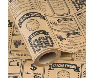 WRAPAHOLIC Kraft 66th Birthday Wrapping Paper for Women Men - Mini Roll - 17 Inch x 16.5 Feet - Back in 1960 Vintage Newspaper Kraft Wrapping Paper for 66 Year Old Birthday, Mom Dad Grandma Grandpa