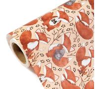 WRAPAHOLIC Kraft Fall Wrapping Paper - Mini Roll - 17 Inch x 16.5 Feet - Cute Fox Animal Wrapping Paper for Autumn, Thanksgiving, Party, Holiday