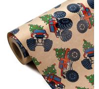 WRAPAHOLIC Kraft Truck Christmas Wrapping Paper - Mini Roll - 17 Inch x 16.5 Feet - Christmas Tree and Truck Wrapping Paper for Boys Kids, Xmas Holiday, Party Celebration