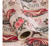 WRAPAHOLIC Kraft Vintage Car Wrapping Paper Roll - Mini Roll - 17 Inch x 16.5 Feet - Retro Paris Classic Car and Rose Newspaper Wrapping Paper for Birthday, Wedding, Anniversary, Bridal Shower