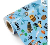 WRAPAHOLIC Ocean Wrapping Paper Roll - Mini Roll - 17 Inch x 9.8 Feet - Pirate Whales Dolphins Fishes Sea Blue Design for Boys Girls Kids Birthday, Baby Shower