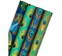 WRAPAHOLIC Peacock Christmas Wrapping Paper Roll - Green Peacock Elements Patterns with Metallic Foil Shine - 4 Rolls - 30 Inch x 120 Inch Per Roll