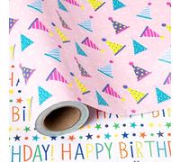 WRAPAHOLIC Reversible Birthday Wrapping Paper - Mini Roll - 17 Inch x 33 Feet - Pink Happy BirthdayDesign for Girls Birthday, Kids Birthday, Baby Shower