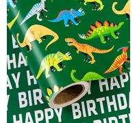 WRAPAHOLIC Reversible Dinosaur Wrapping Paper - Mini Roll - 17 Inch x 33 Feet - Green Dinosaur and Happy Birthday Wrapping Paper for Girl Kids Boy Birthday, Baby Shower