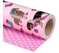 WRAPAHOLIC Reversible Dog Wrapping Paper - Mini Roll - 17 Inch x 33 Feet - Pink Christmas Dogs and Polka Dot Design for Holiday, Puppy Party Celebration