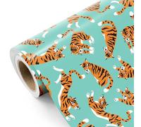 WRAPAHOLIC Tiger Wrapping Paper Roll - Mini Roll - 17 Inch x 16.5 Feet - Playful Tigers in Blue Wrapping Paper for Football Lover, Birthday, Baby Shower