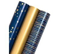 WRAPAHOLIC Wrapping Paper Roll - Mini Roll - 3 Rolls - 17 Inch X 120 Inch Per Roll - Navy and Gold Star/Stripe/Gold Pearlized Print for Birthday, Father's Day, Holiday, Party