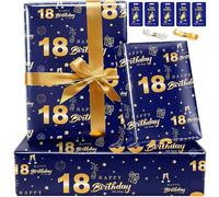 Wrapping Paper 18th Birthday Wrapping Paper with Ribbon Tag,Recyclable Birthday Gift Wrapping Paper for Him Boys Men,Birthay Gift Wrap Eco Birhtday Paper Wrapping,Present Wrap Blue Gold