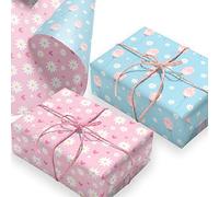 Wrapping Paper. 4 Large Sheets with Pink & Blue Chamomile Design. Recyclable Gift Wrap for any Occasion. Made in the UK by Ruby Ashley®