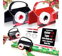 Wrapping Paper Cutter & Tape Dispenser- Dual-Use Gift Wrap Tool with 4 Tapes & 2 Replacement Blades - Paper Roll Holder for Christmas, Birthday, Holiday - Sliding Slicing Tube Design (2-Pack)