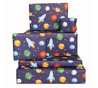 Wrapping Paper for Boys Kids Girls Children - 6 Sheets of Birthday Giftwrap - Rockets Planets Space Stars Galaxy - Navy Blue - For Baby Shower Christmas Bday - Colourful Thick Wraps - Recyclable