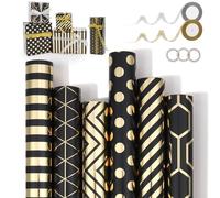 Wrapping Paper Roll 300 x 43 cm, 6 Rolls Updated Wrapping Paper Set with 2 Ribbons and 3 Adhesive Tape, Gold Print Kraft Paper Wrapping Paper for Birthday, Wedding, Christening Party (Black Gold)