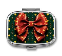 Wrapping Paper with Bow Pill Box - 2 Compartment Travel Pill Organizer with Small Mirror, Portable Pillcase for Pocket & Purse, Cute Square Medicine Case, Weekly Medicine Container