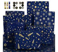 Wrapping Paper with Navy Blue Gold Star Birthday Wrapping Paper Set with Sticker Ribbon,Gift Wrapping Paper Sheets for Men Boys Him Teenager Teen Male,Dark Blue Wrapping Paper Birthday Gift Wrap Set