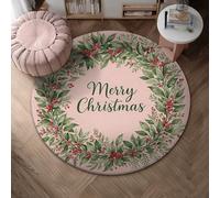 Wreath Area Rug, Christmas Festive Berries Leaves Christmas Green Non-Slip Round Doormat Throw Rug Edge Binding Laundry Room Bathroom Doorway Entryway Decor 4' X 4'