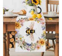Wreath Bee Table Runner 13x60 Inches Long Garland Flower Cotton Linen Table Runner Burlap Style for Dinner Table Party Decor Tabletop Decorations