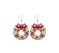 Wreath Red Bow Acrylic Dangling Hook Christmas Earrings for Women Lightweight Statement Vintage Cookie Donut Green Leaves Dangle Drop Earring Winter Xmas Party Festival Holiday Jewelry Gift Ornament