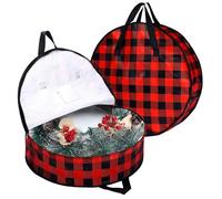 Wreath Storage Box - 2 Protective Checkered Covers Container with Zip and Handle - for Closet, Home, Attic, Basement, Garage, Christmas, Bedroom, Dorm
