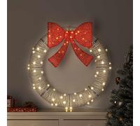 Wreath with 80 LEDs Warm White Rattan 90 x 90 x 9 cm Christmas Decoration with Bow USB Operated for Living Room Window Advent Holiday