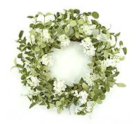 WreathDream 20 inches Artificial Spring Hydrangea Wreath with Green Eucalyptus Leaves and White Hydrangea for Front Door Indoor Outdoor Farmhouse Wall Holiday Decor, White Gift Box Included