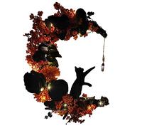 Wreaths for Front Door Moon Cat Wreath With Flowers And Door Decoration Halloween Moon Cat Home Decor Halloween Party Decorations For Cat Lovers With Lights Wire Pumpkin Wreath Form (B-e, One Size)