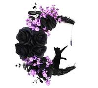 Wreaths Wreath Halloween Moon Cat Wreath Artificial Flower Garland Horror Prop Hanging For Front Door Window Wall Halloween Decoration(Purple)