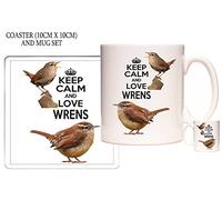 Wren Mug and Coaster Set, Keep Calm and Love Wrens. Gift for Birthdays, Easter, Christmas or Any Other Celebration. Can Be Personalised. Jenny Wren Gift Set