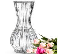 Wrenbury Lily Glass Ribbed Vase for Flowers 20cm - Daffodil Container for Bouquets - Clear Glass Vase for Tulips - For Classic Table Decor