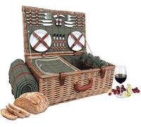 Wrenbury Luxury Picnic Basket for 4 Person with Blanket and Chiller Compartment 23" - Green Tweed Traditional Willow Picnic Hamper with Accessories - Wicker Picnic Set