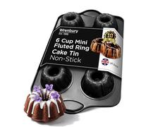 Wrenbury Mini Fluted Cake Tin 6 Cup Deep Non-Stick - Carbon Steel Ring Cake Mould for Perfectly Shaped Individual Fluted Buns - Easy Release PFOA Free Tube Pan - 9.5cm Cup Oven & Dishwasher Safe