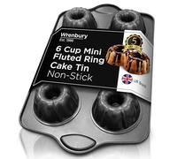 Wrenbury Mini Fluted Ring Cake Tin Moulds Non Stick - 6 Cup Angel Ring Cake Pan for Baking Small Cakes - PFOA Free and Dishwasher Safe - 9.5cm Cup