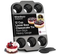 Wrenbury Pro 12-Cup Mini Cheesecake Tin with Removable Bottom - Heavy Gauge Non-Stick Carbon Steel Loose Base Baking Pan for Individual Cheesecakes Muffins Soufflés - PFOA Free, Dishwasher Safe