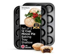 Wrenbury Pro Shallow Mince Pie Baking Tray 12 Cup Set of 2 - Non Stick Carbon Steel Tin for Christmas Mince Pies, Jam Tarts and Yorkshire Puddings - 10 Year Guarantee