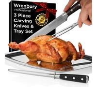 Wrenbury Professional Carving Knife Set with Fork and Sharpening Steel with Carving Tray - 3 Piece Kitchen Knife Set with Serving Board