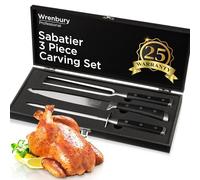 Wrenbury Sabatier Carving Knife Set with Carving Fork and Sharpening Steel - German Grade 3 Piece Professional Carving Set Razor Sharp Blade - Full Tang Riveted Handles