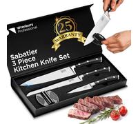 Wrenbury Sabatier Knife Set 3 Piece - Sharp Durable Kitchen Knives for Passionate Home Chefs - Includes 20cm Chef Knife and Parer - Dishwasher Safe