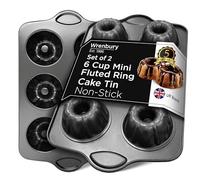 Wrenbury Set of 2 Mini Fluted Ring Cake Tin Moulds Non Stick - 6 Cup Angel Ring Cake Pan for Baking Small Cakes - PFOA Free and Dishwasher Safe - 9.5cm Cup